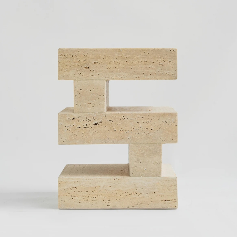 Geometric stacked travertine side table - beige natural stone accent table for living room