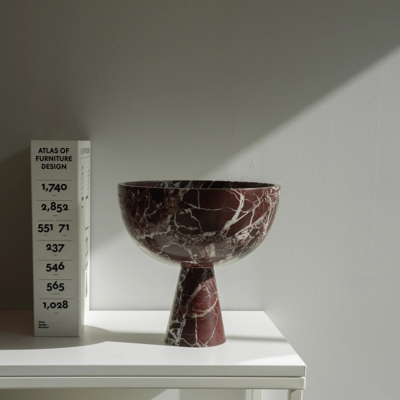 Modern burgundy marble pedestal bowl - stylish decorative piece for living room shelf
