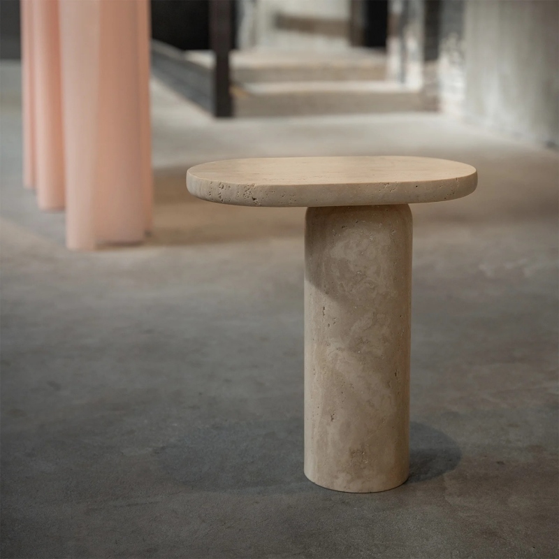 Beige travertine cylindrical side table - minimalist natural stone accent table for modern interiors
