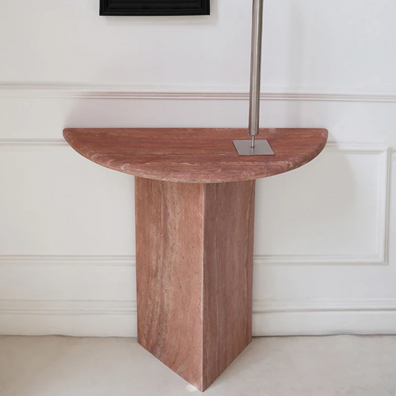 Travertine Red Marble Half-Moon Console Table with floor lamp - minimalist wall table