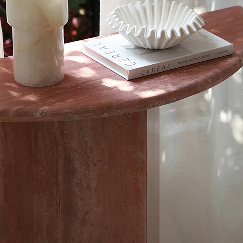 Travertine Red Marble Half-Moon Console Table with decorative bowl - entryway accent piece