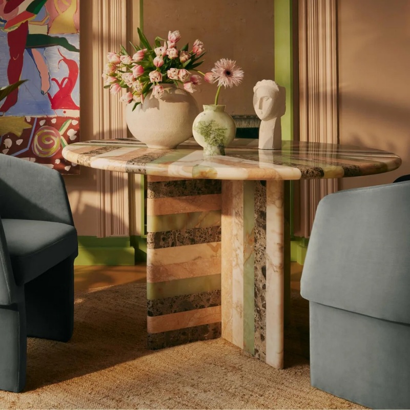 Multi-Marble Geometric Mosaic Round Table with floral decor - stylish dining/living room centerpiece