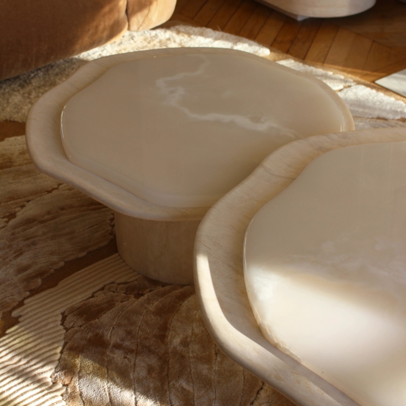 Nesting White Onyx Cloud Coffee Table set - close-up of organic stone tabletop texture