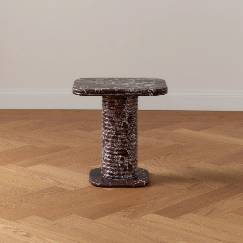Rosso Levanto Marble Side Table with ribbed column - minimalist modern design