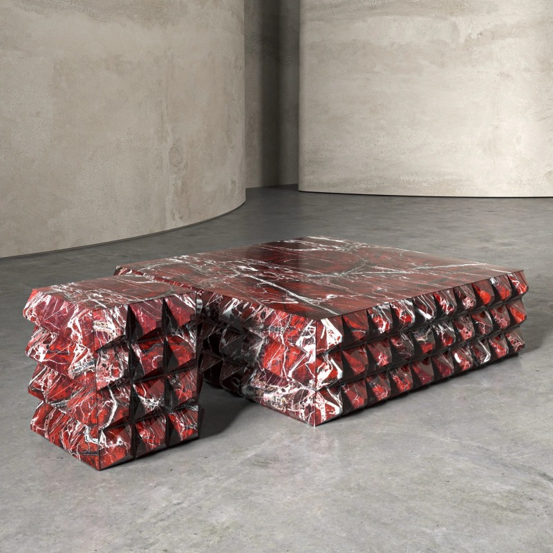 Red Marble Coffee Table & Side Table Set - bold modern sculptural furniture