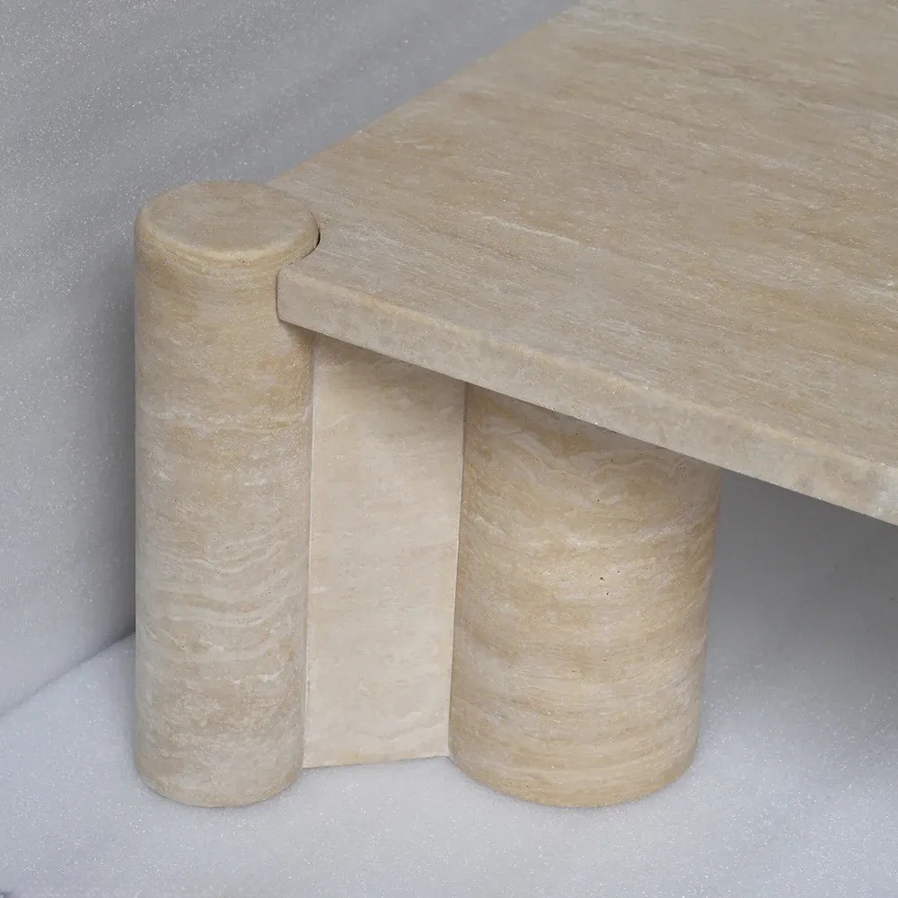 Travertine Square Coffee Table with cylindrical pillar legs - minimalist modern living room furniture