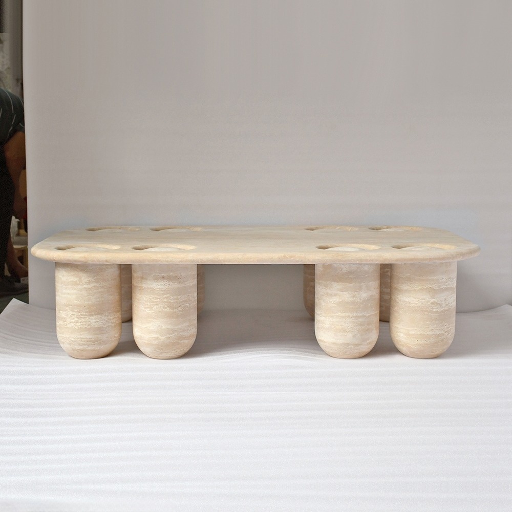 Travertine Oval Coffee Table with Cylindrical Pillar Legs - Modern Sculptural Living Room Furniture