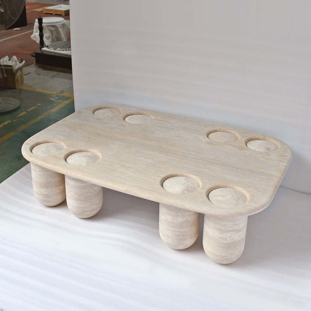 8-Leg Travertine Oval Coffee Table Styled in Modern Living Room with Beige Linen Sofa