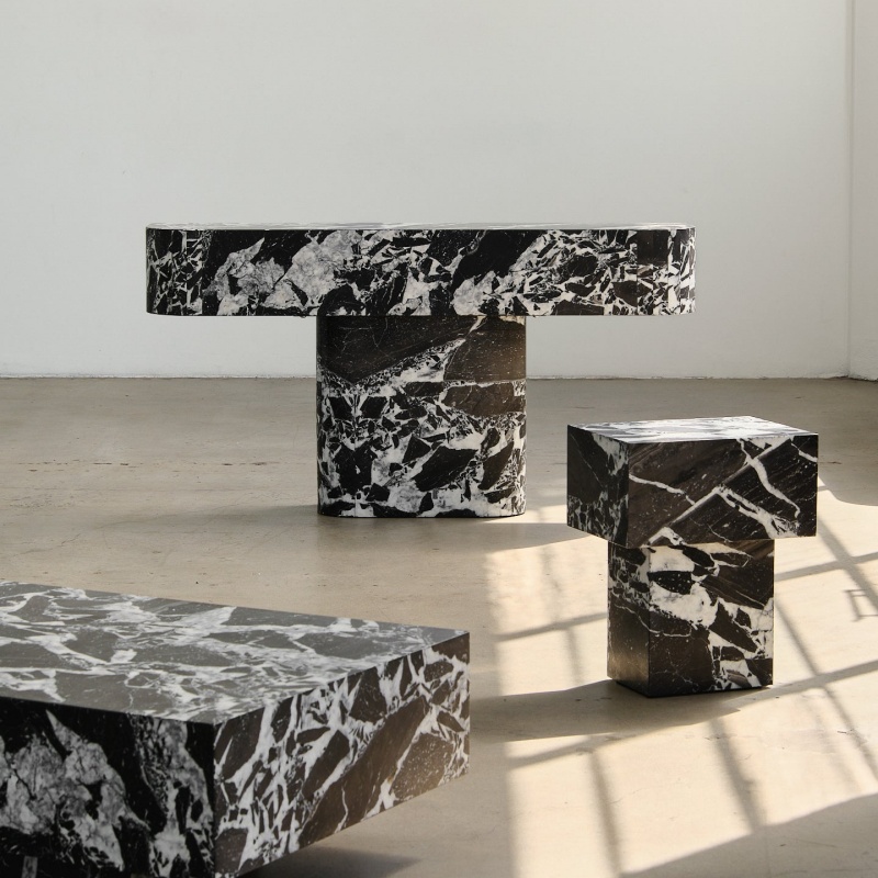 Black and white marble furniture set - coffee table, console table and side table with bold veining