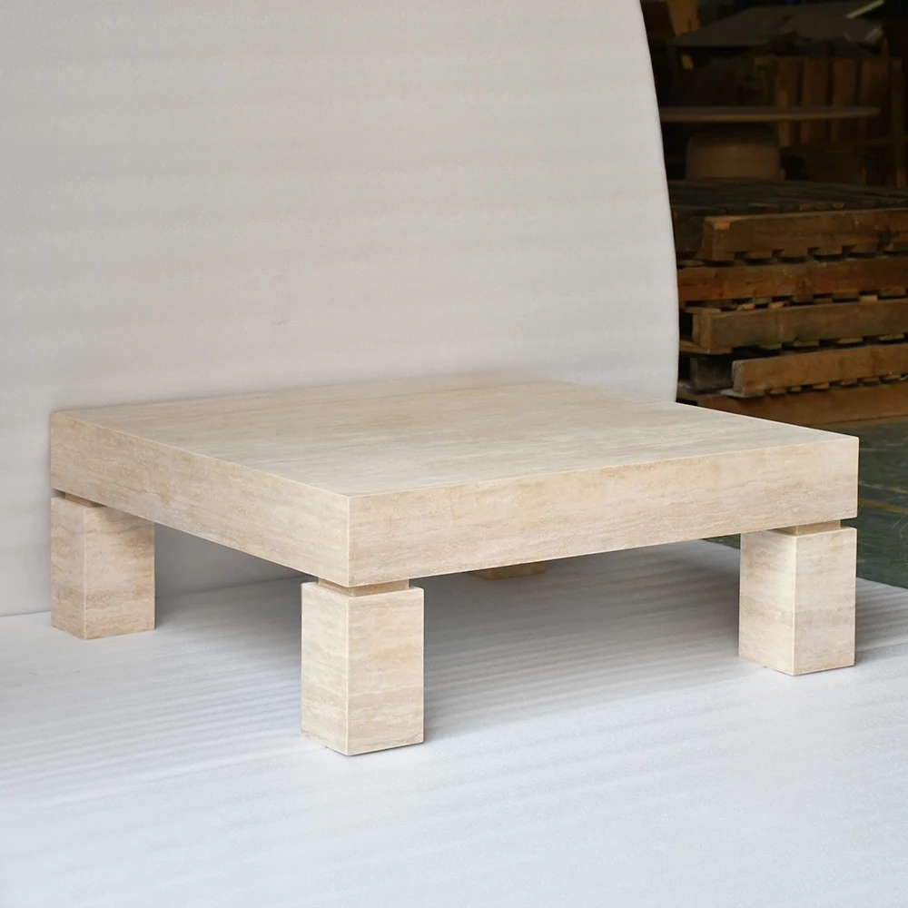 Beige travertine square coffee table with four block legs - minimalist thick slab living room furniture