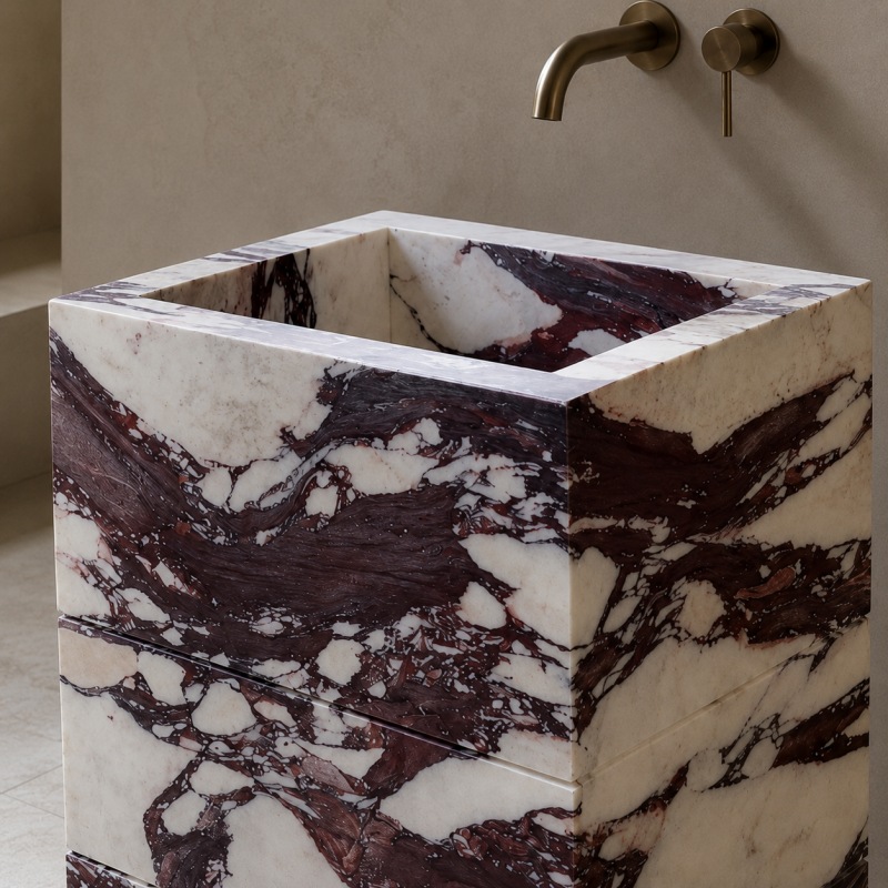 Close-up polished Calacatta Viola marble vanity corner, dramatic burgundy dark purple veining on creamy white base