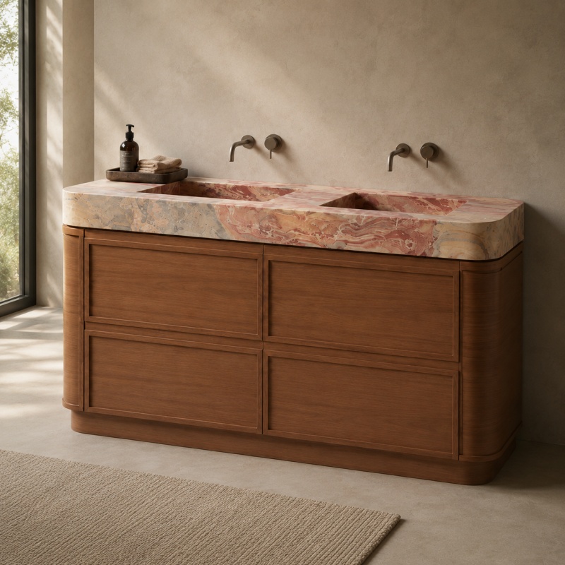 Arabescato Orofico Rosso marble double sink vanity with curved solid walnut freestanding cabinet