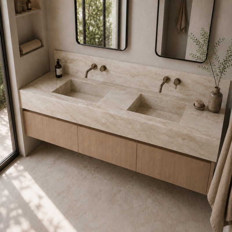 Close-up of Taj Mahal natural marble vanity top with integrated undercut sink and golden beige veining